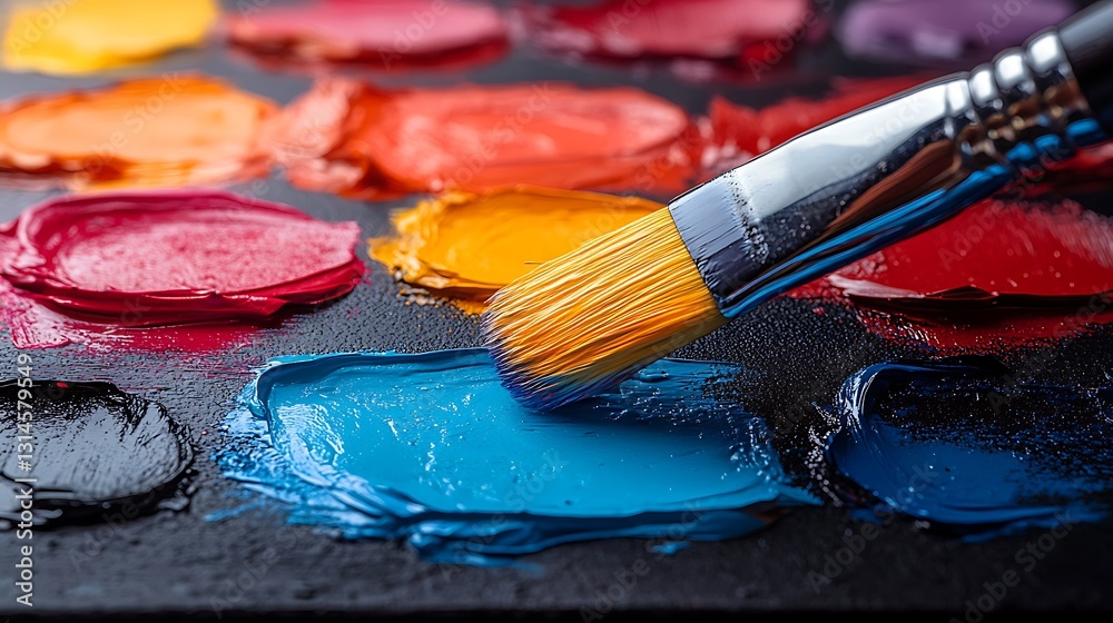 Obraz premium A dramatic paintbrush eruption with bright splashes of paint on a multicolored palette