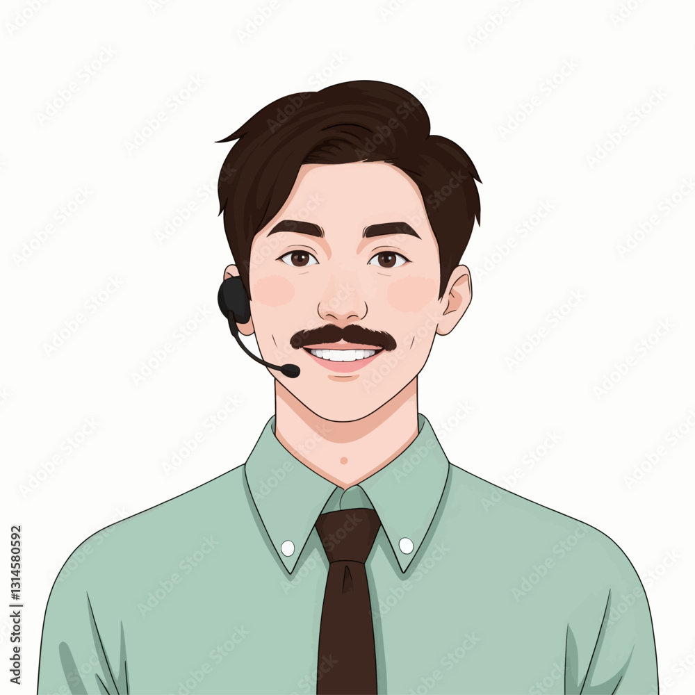 Smiling man wearing headset, dark hair and mustache Smiling man wearing headset, dark hair and mustache