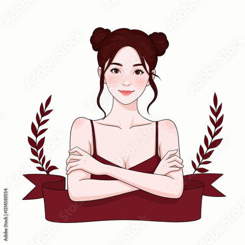 Smiling woman with space buns, arms crossed, on ribbon banner