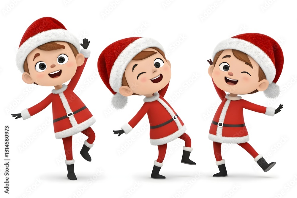 Cheerful 3D Cartoon Kids in Red Santa Outfits – Dancing and Having Fun Cheerful 3D Cartoon Kids in Red Santa Outfits – Dancing and Having Fun