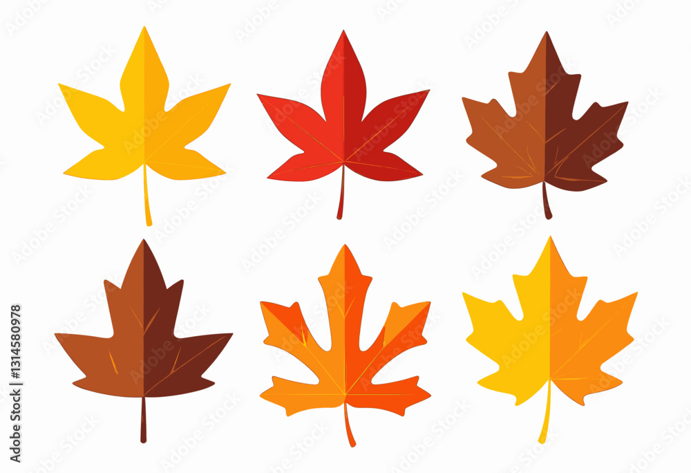 Six colorful stylized maple leaf designs on white Six colorful stylized maple leaf designs on white