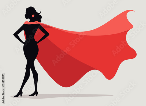 Silhouette of a powerful woman with a red cape blowing in the wind