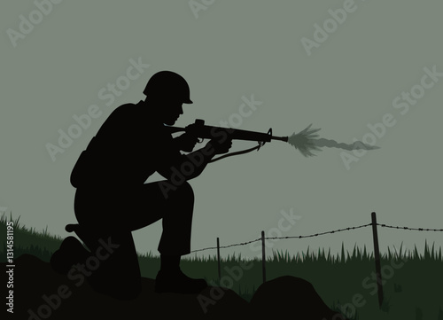 Silhouetted Soldier Kneeling, Firing M16 Rifle