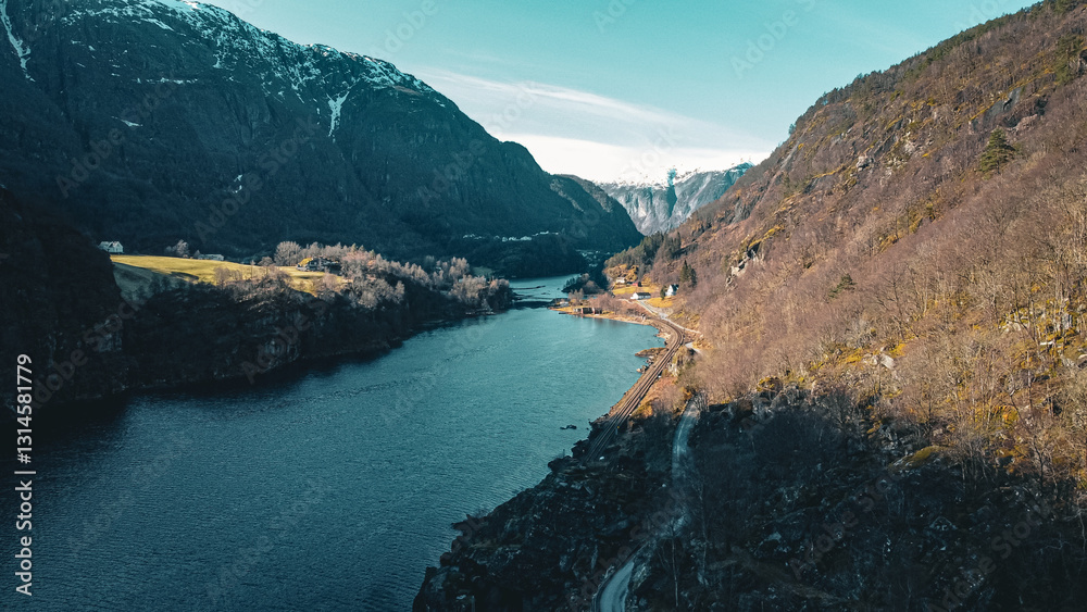 Fototapeta premium Nature in Norway. A small town in the mountains. Drone photo.