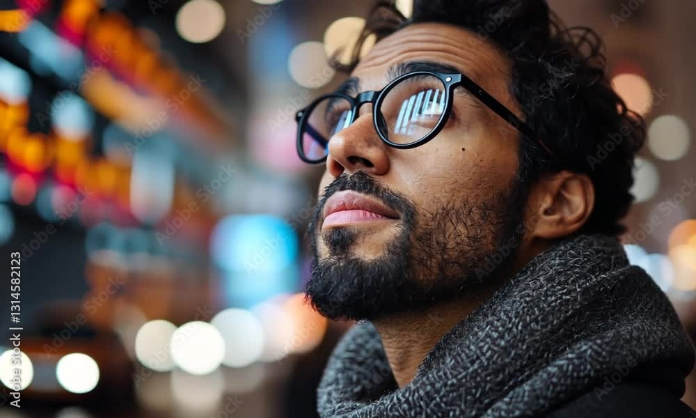 Man with glasses gazing thoughtfully in a bustling urban environment with colorful lights Man with glasses gazing thoughtfully in a bustling urban environment with colorful lights