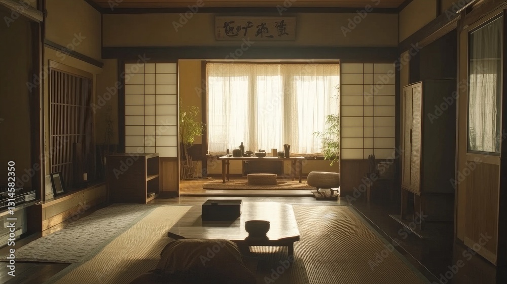 Fototapeta premium A high-resolution photo of the interior of a Japanese house, showcasing tatami mats, low wooden furniture, and a minimalist aesthetic with sliding doors and natural light.