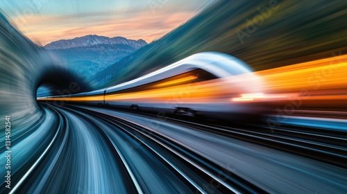 A high-speed train at full speed, passing through a tunnel in a mountainous region, with blurred motion capturing the sense of speed.