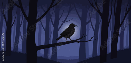 Pixel Art Crow in Dark Forest at Night