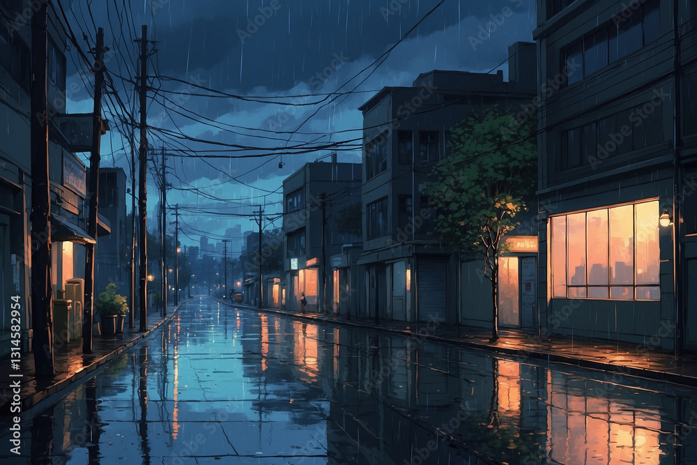 Obraz premium Melancholic anime rain scene soft raindrops fall on empty streets while puddles reflect the moody sky and distant lights