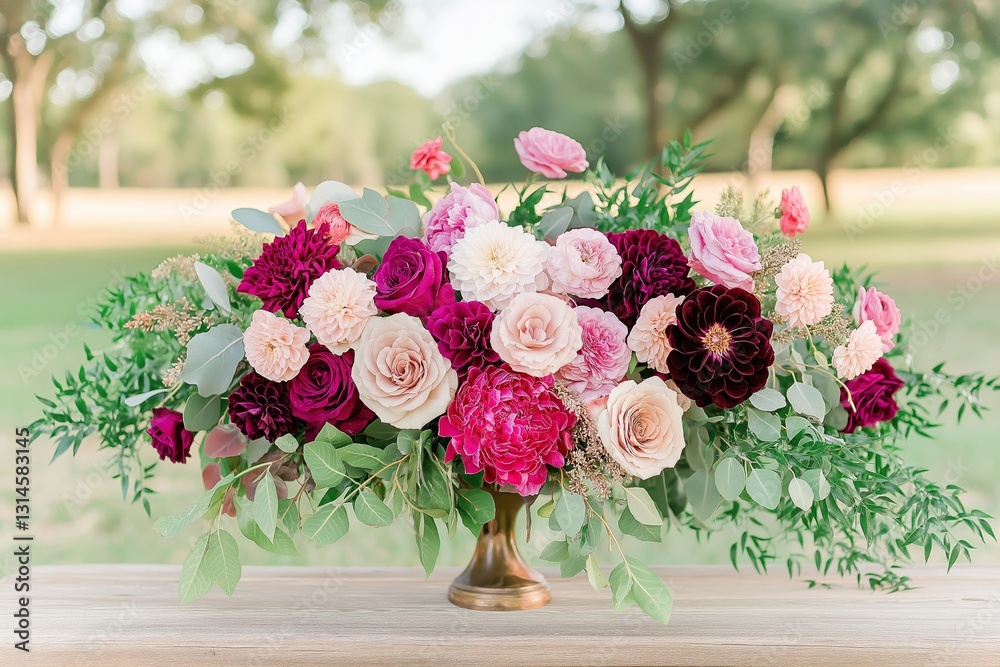 Obraz premium Beautiful floral arrangement featuring burgundy floral border, ideal for wedding decor. Concept embraces elegance and romance with vibrant blooms and natural greenery