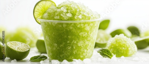 Refreshing lime granita in clear cup with lime slice and mint on crushed ice bright white background summer treat