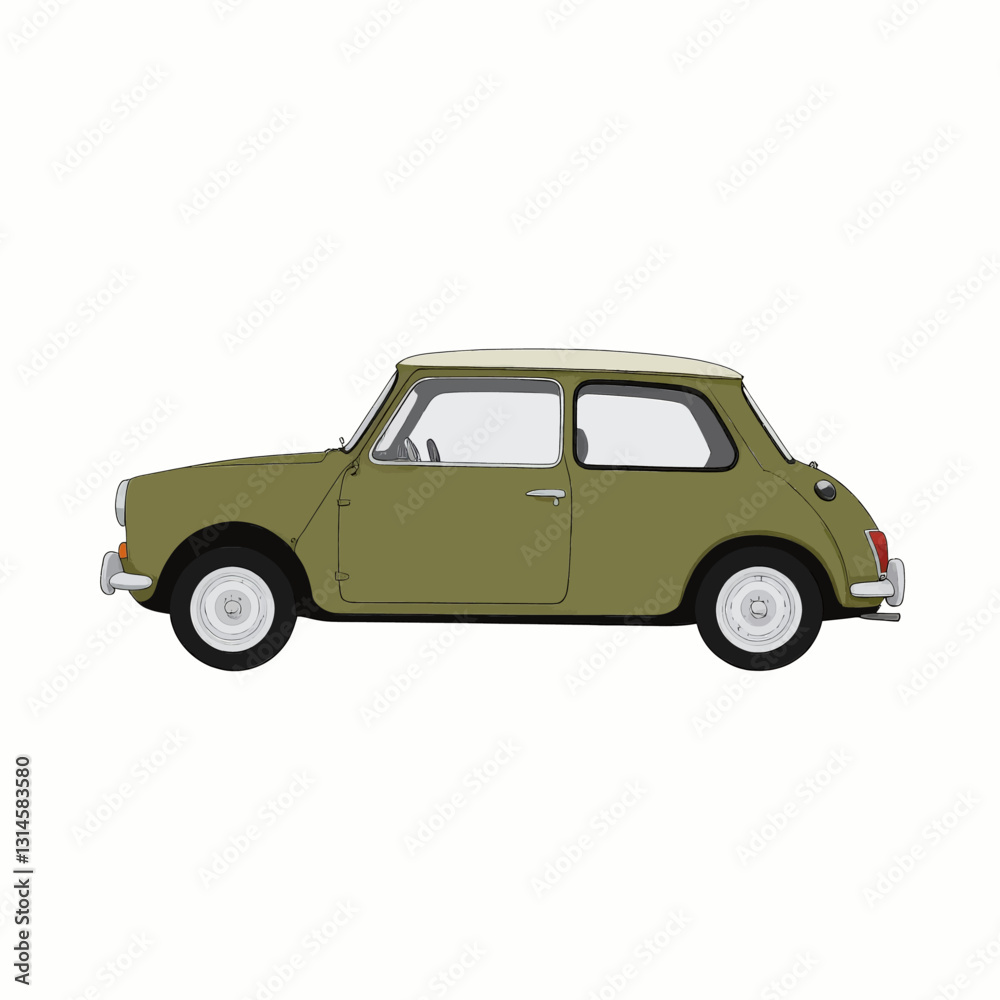 Olive-green classic mini car profile view Olive-green classic mini car profile view