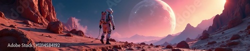 Spaceman with helmet walking on mysterious world with strange rock formations, discovery, scifi, space