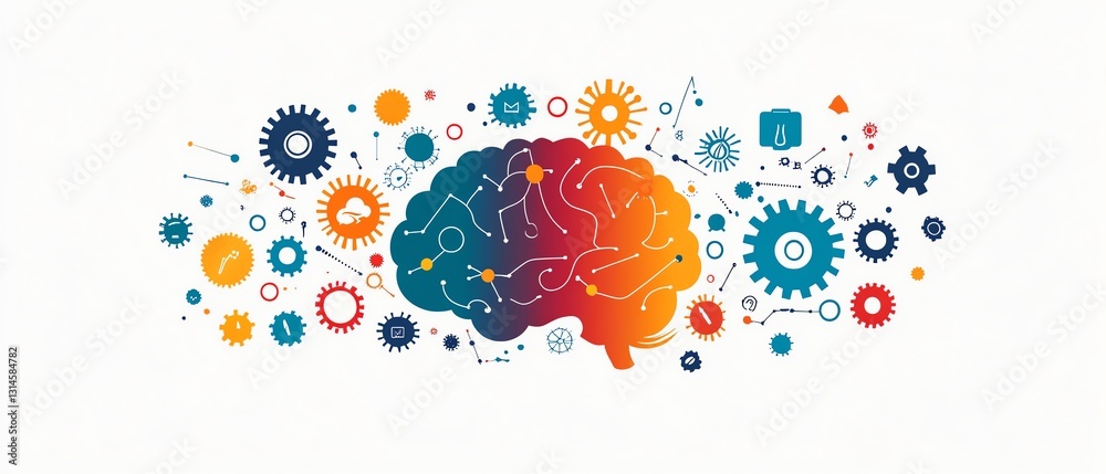 Creative thinking represented by colorful brain gears, analytical concepts with interconnected gears, bold colors, clean lines, modern illustration, highquality design Creative thinking represented by colorful brain gears, analytical concepts with interconnected gears, bold colors, clean lines, modern illustration, highquality design
