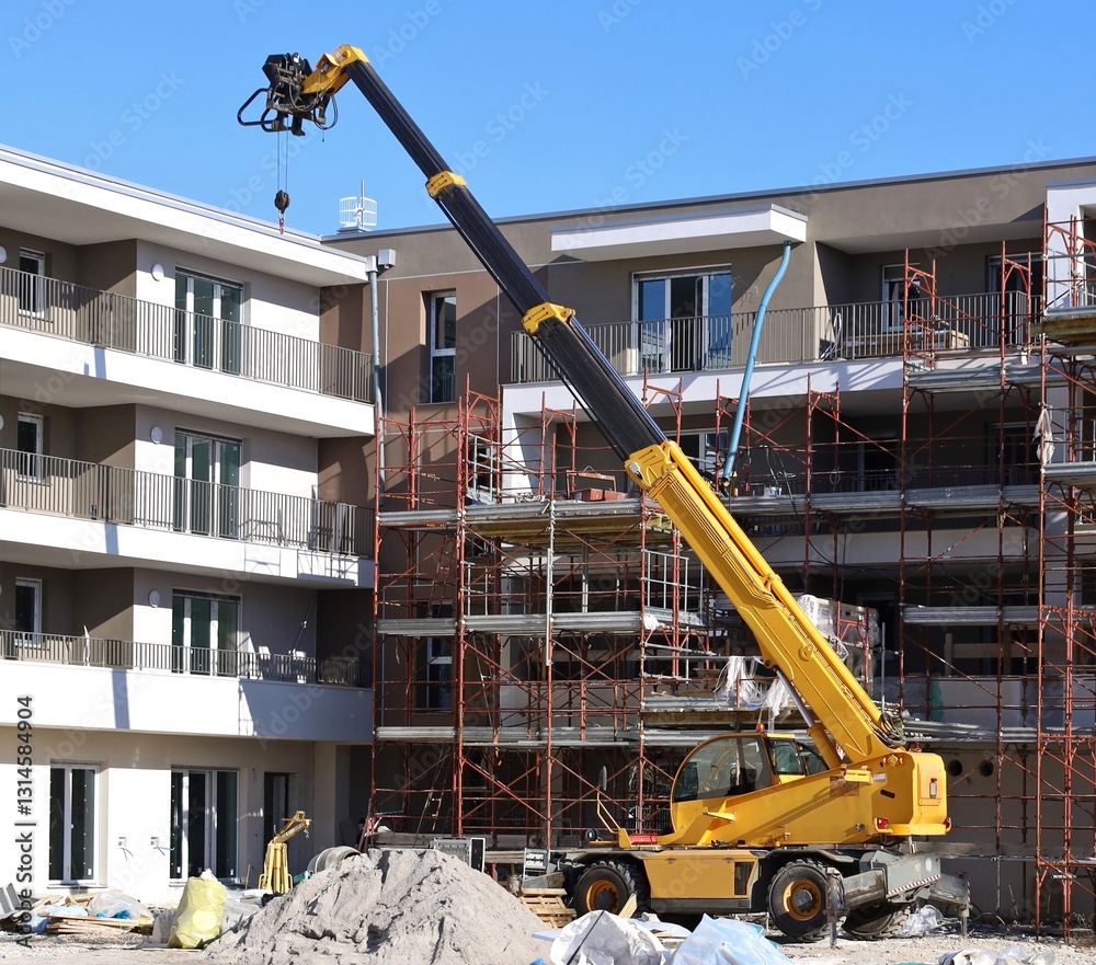 custom made wallpaper toronto digitalYellow rotating telehandler at work in front of two new building under construction.