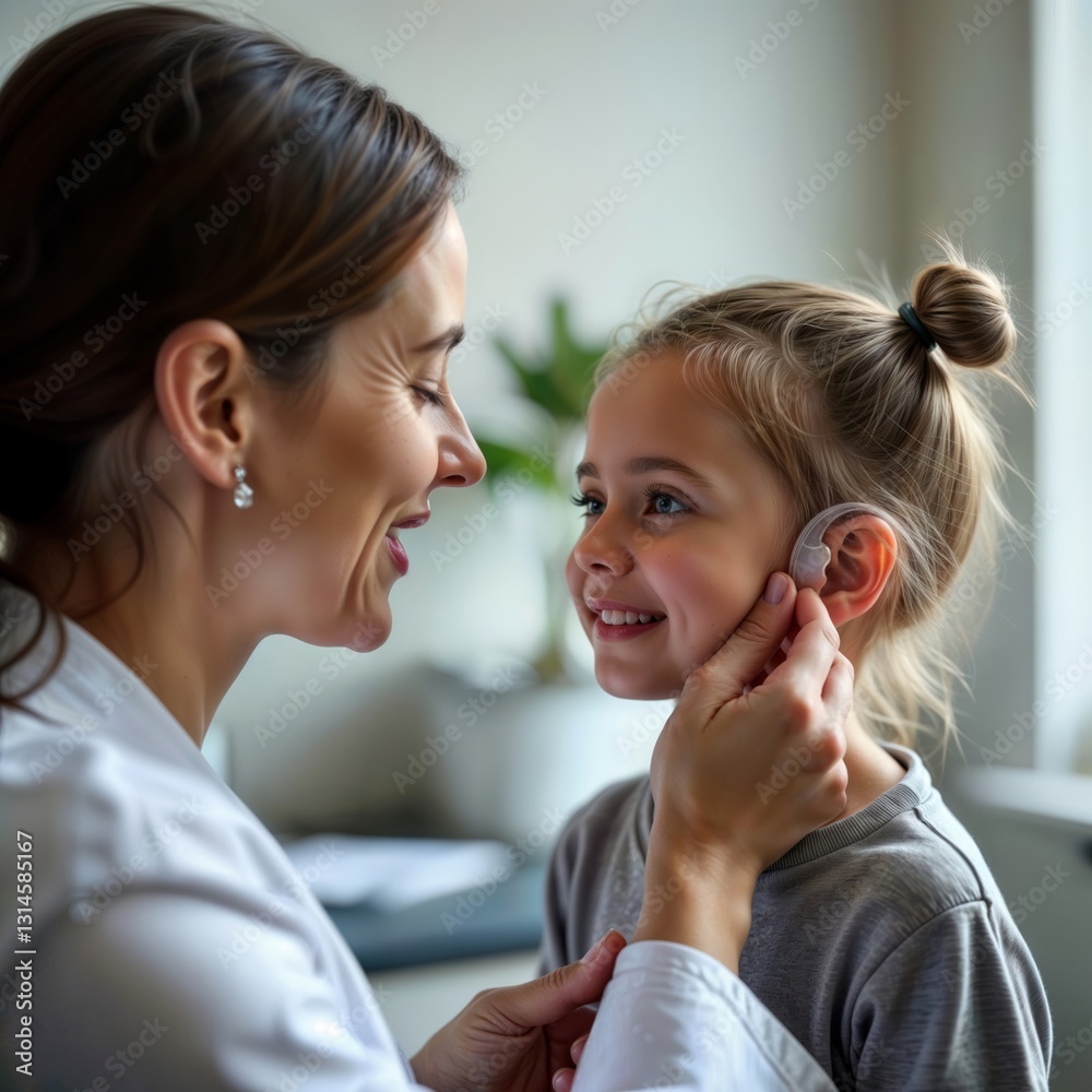 Hearing device fitting. Healthcare professional adjusting cochlear implant or hearing aid on smiling young girl while mother looks on with affection in bright home setting.