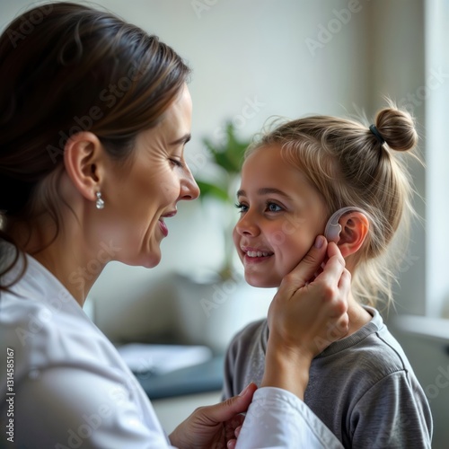 Obraz na płótnie Hearing device fitting. Healthcare professional adjusting cochlear implant or hearing aid on smiling young girl while mother looks on with affection in bright home setting. w salonie