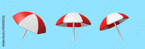 3d red set beach umbrella. Travel vector illustration. Three-dimensional sun parasol for summer holiday season. Relax vacation. Sunshade protection on the sand on the sea, ocean. Tropical collection