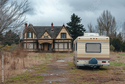 An abandoned Victorian-style house stands in a deserted area with an old camper parked nearby, creating a scene of neglect and forgotten times under a gloomy sky.