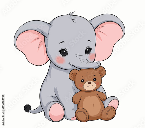 Gray baby elephant hugging a brown teddy bear