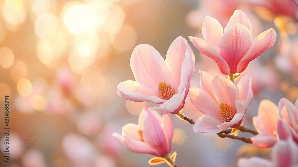 Obraz premium Soft pink magnolia flowers bloom gracefully, their petals opening to embrace the gentle spring sunlight. This moment captures the beauty of nature awakening