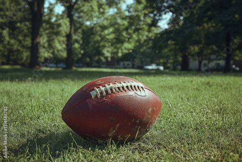 Football resting on green grass under a sunny sky during a casual game.
