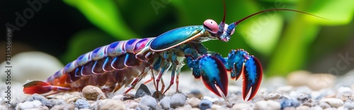 A mantis shrimp is situated in an underwater environment, with the visualization of shockwaves around its claws, providing content for marine biology study. photo