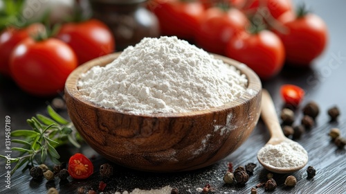 Wooden bowl of flour, tomatoes, spices on dark counter (1)