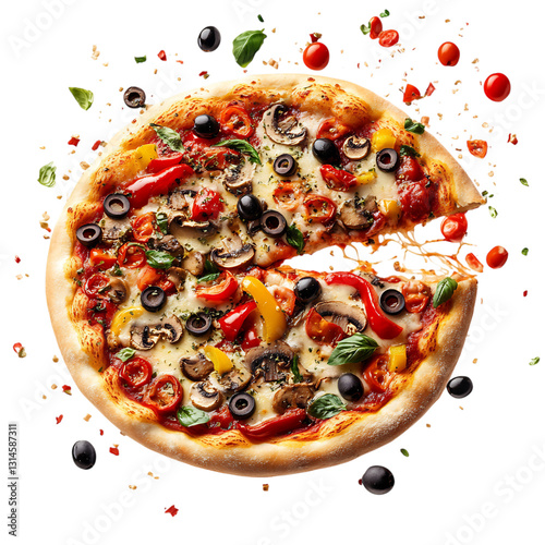 A Delicious Veggie Pizza with Bell Peppers Mushrooms and Olives Isolated on Transparent Background