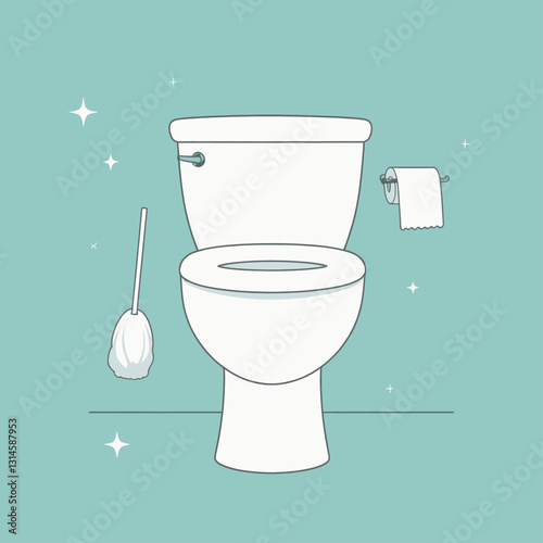 Clean white toilet with toilet brush and paper on teal