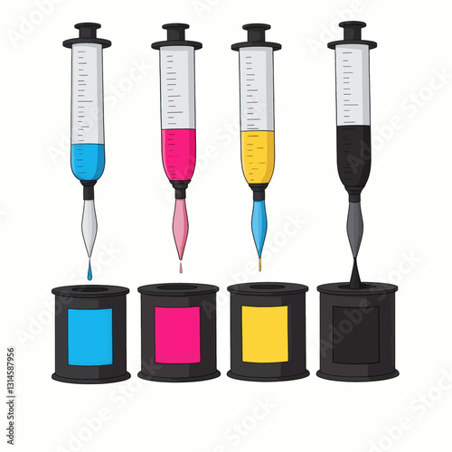 CMYK ink cartridges with syringes on white