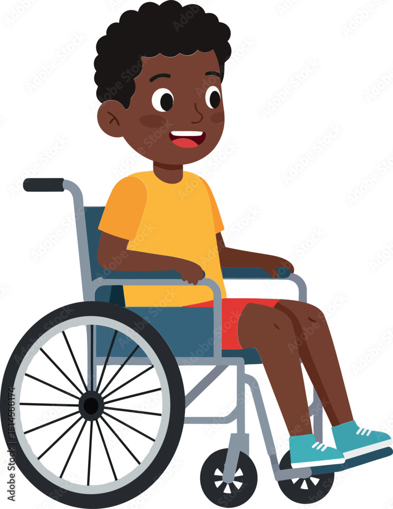 Young boy in a wheelchair smiling brightly in a minimal, cheerful vector illustration Young boy in a wheelchair smiling brightly in a minimal, cheerful vector illustration