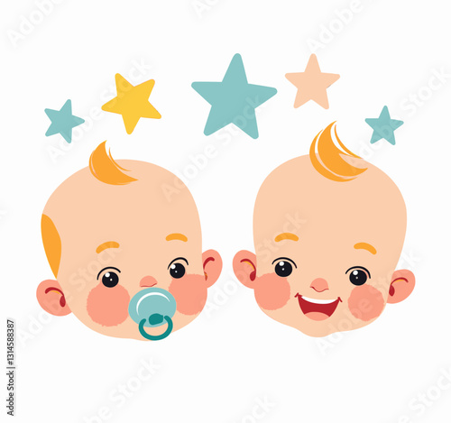 Cartoon twin babies with stars, one with pacifier