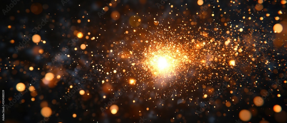 Naklejka premium Radiant explosion of golden light particles against a dark backdrop creating a mesmerizing and ethereal visual effect with bokeh elements and cosmic ambiance