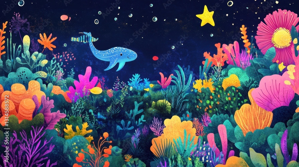 Fototapeta premium Vibrant underwater scene with colorful corals and a whale.