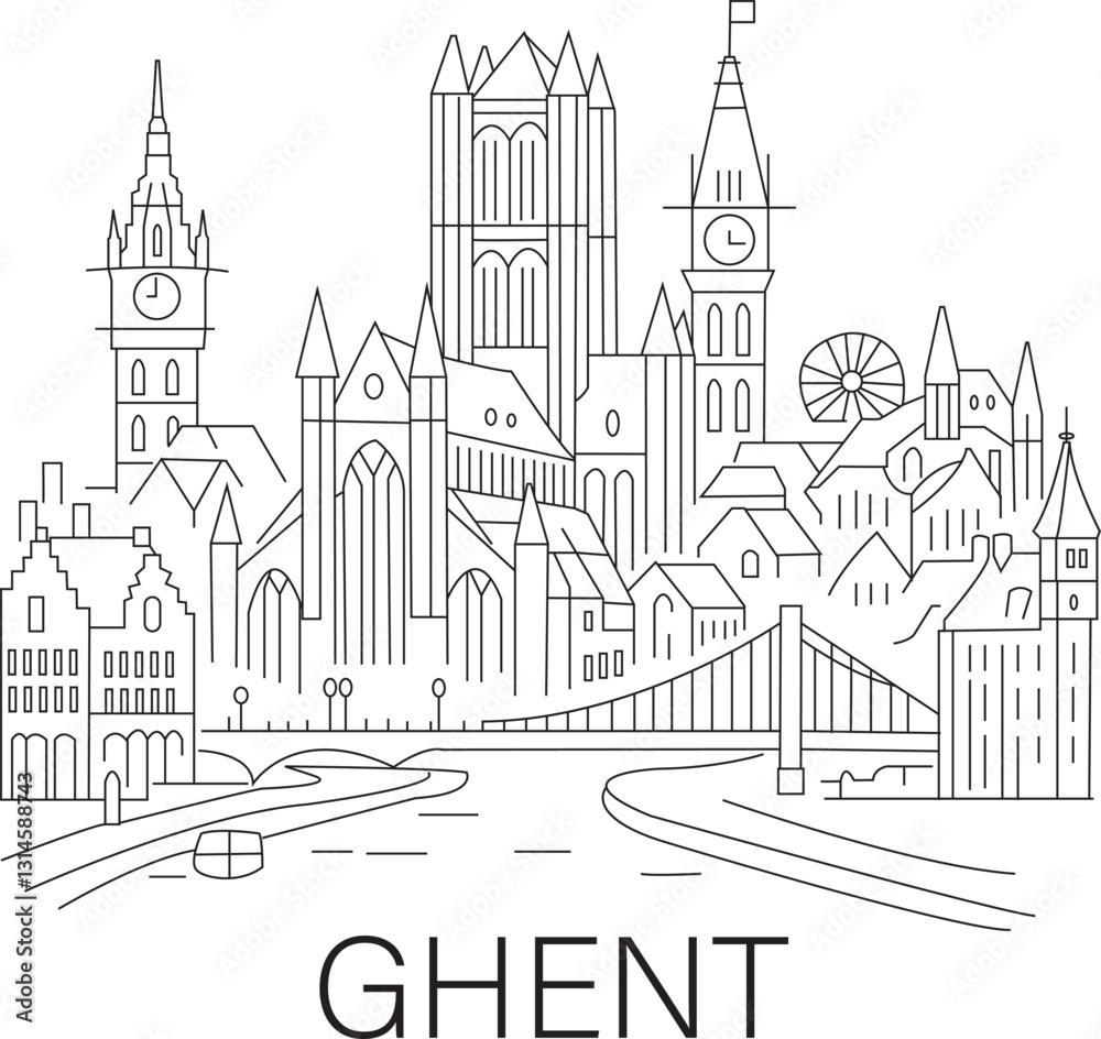 Fototapeta premium Ghent City Line Draw Simple Minimalist 