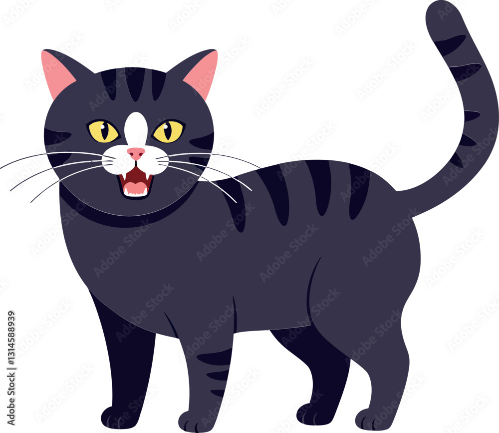 Playful black striped cat standing happily with a cheerful expression in flat vector art Playful black striped cat standing happily with a cheerful expression in flat vector art