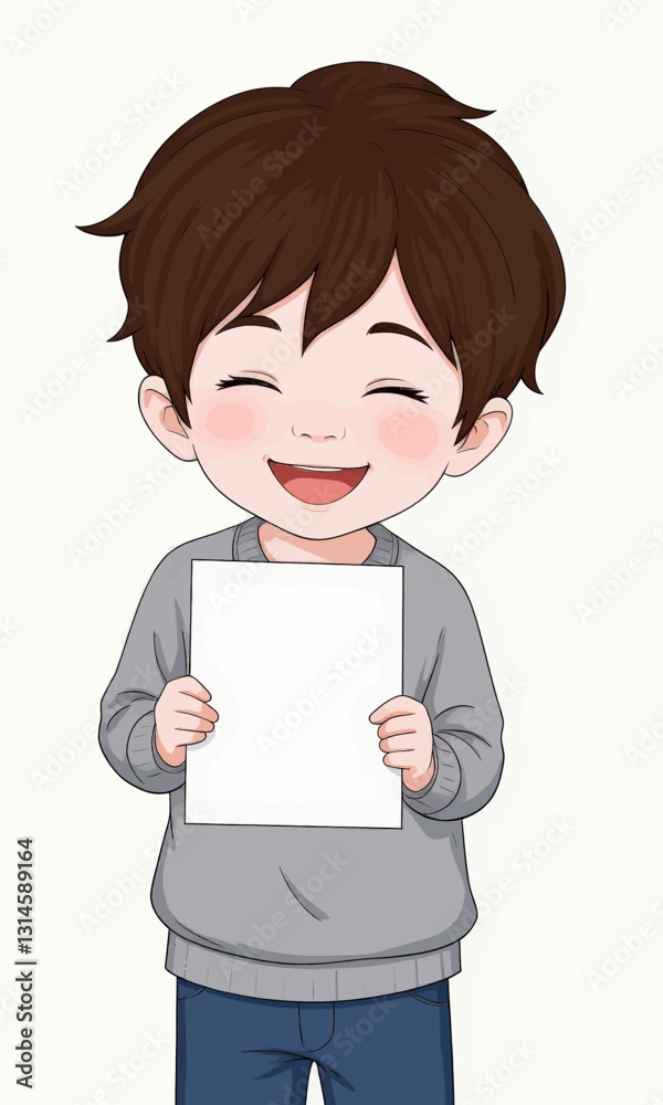 Cartoon boy smiling and holding blank white paper Cartoon boy smiling and holding blank white paper