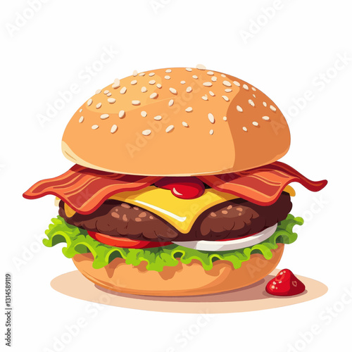 Cartoon burger with bacon, sesame seed bun and lettuce
