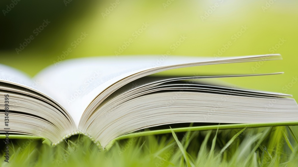 Open book on grass, nature background, reading outdoors, spring Open book on grass, nature background, reading outdoors, spring