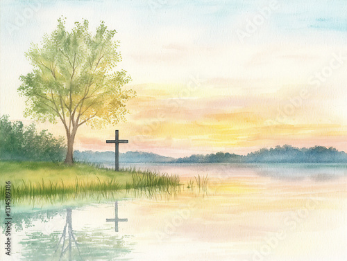P Pastel drawing of a cross with a serene lak