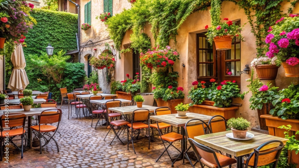 Fototapeta premium A charming cobblestone courtyard cafe, abundant with vibrant floral displays and lush greenery, offers a picturesque outdoor dining experience.