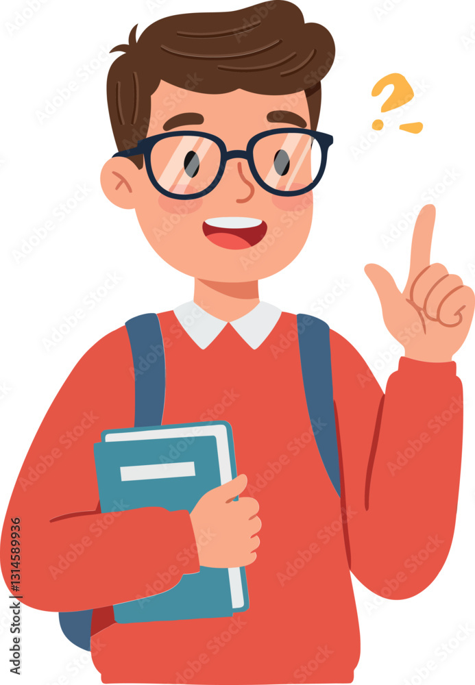 Young student with glasses smiling and holding a book in a flat vector illustration Young student with glasses smiling and holding a book in a flat vector illustration
