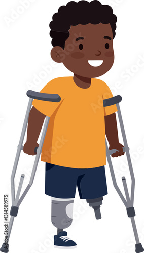Happy boy using crutches with one prosthetic leg in a minimal vector illustration