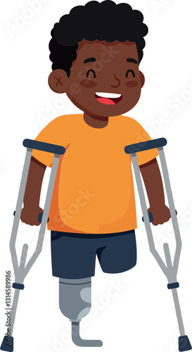 Happy young boy with crutches and a prosthetic leg in a cheerful, colorful flat vector illustration