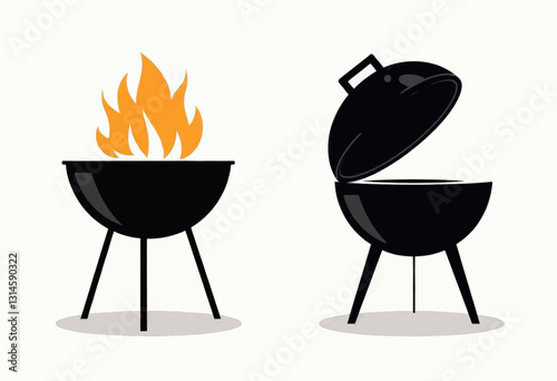 Black charcoal grill, one ablaze with fire, one open lid