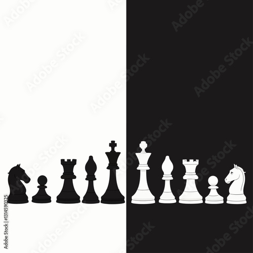 Black and white chess pieces on opposing backgrounds
