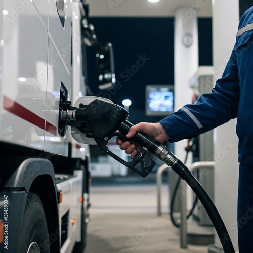 Close-up of a white truck being refueled at a modern gas station. Focus on the fuel nozzle held by an unseen worker. Ultra-realistic, premium lighting, perfect for logistics and transport visuals.