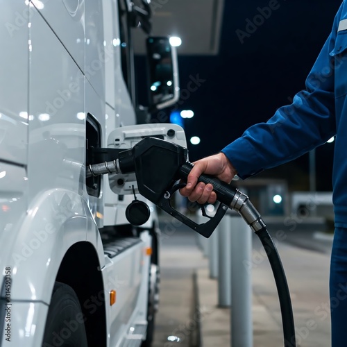 Close-up of a white truck being refueled at a modern gas station. Focus on the fuel nozzle held by an unseen worker. Ultra-realistic, premium lighting, perfect for logistics and transport visuals.