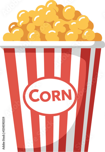 A bright red and white striped popcorn bucket filled with fluffy popcorn in flat vector illustration